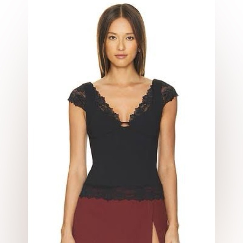 Free People Better Not Lace Trim Cap Sleeve Top in Black
